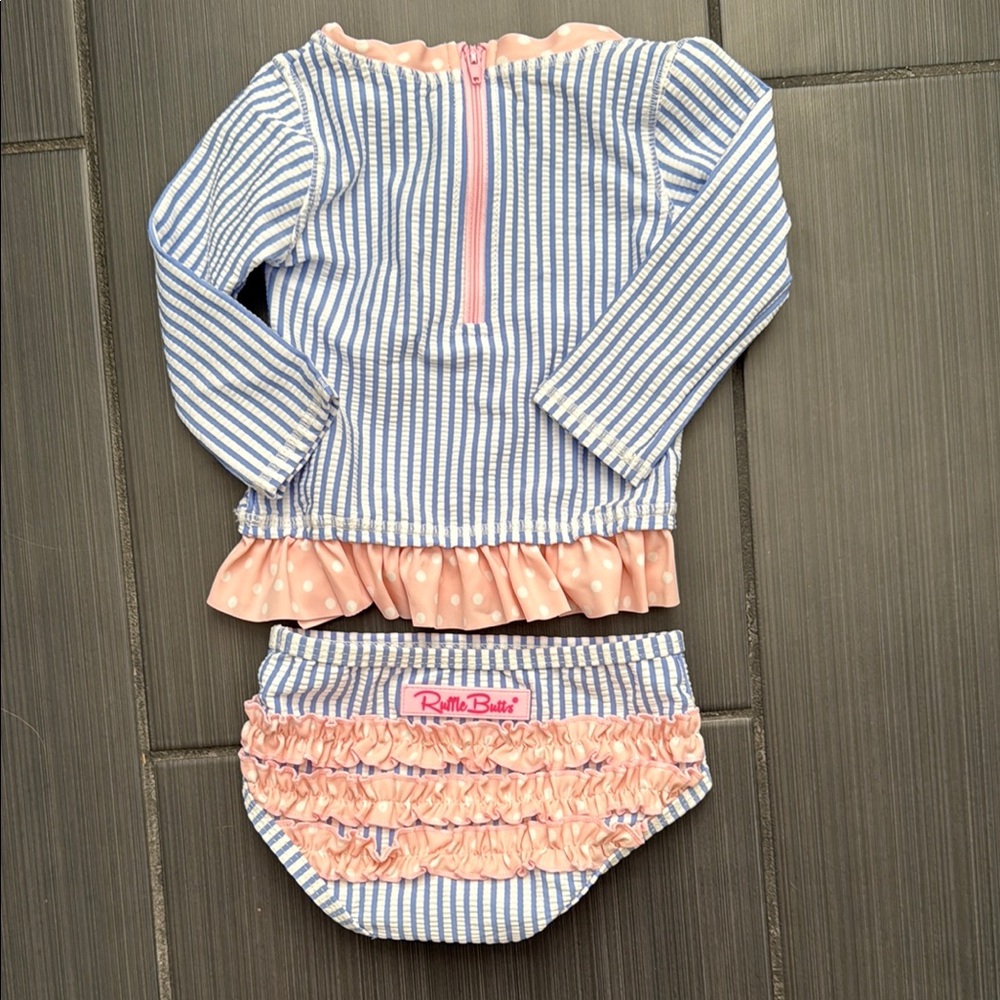Ruffle Butts Blue and Pink Striped Kids Swim Set